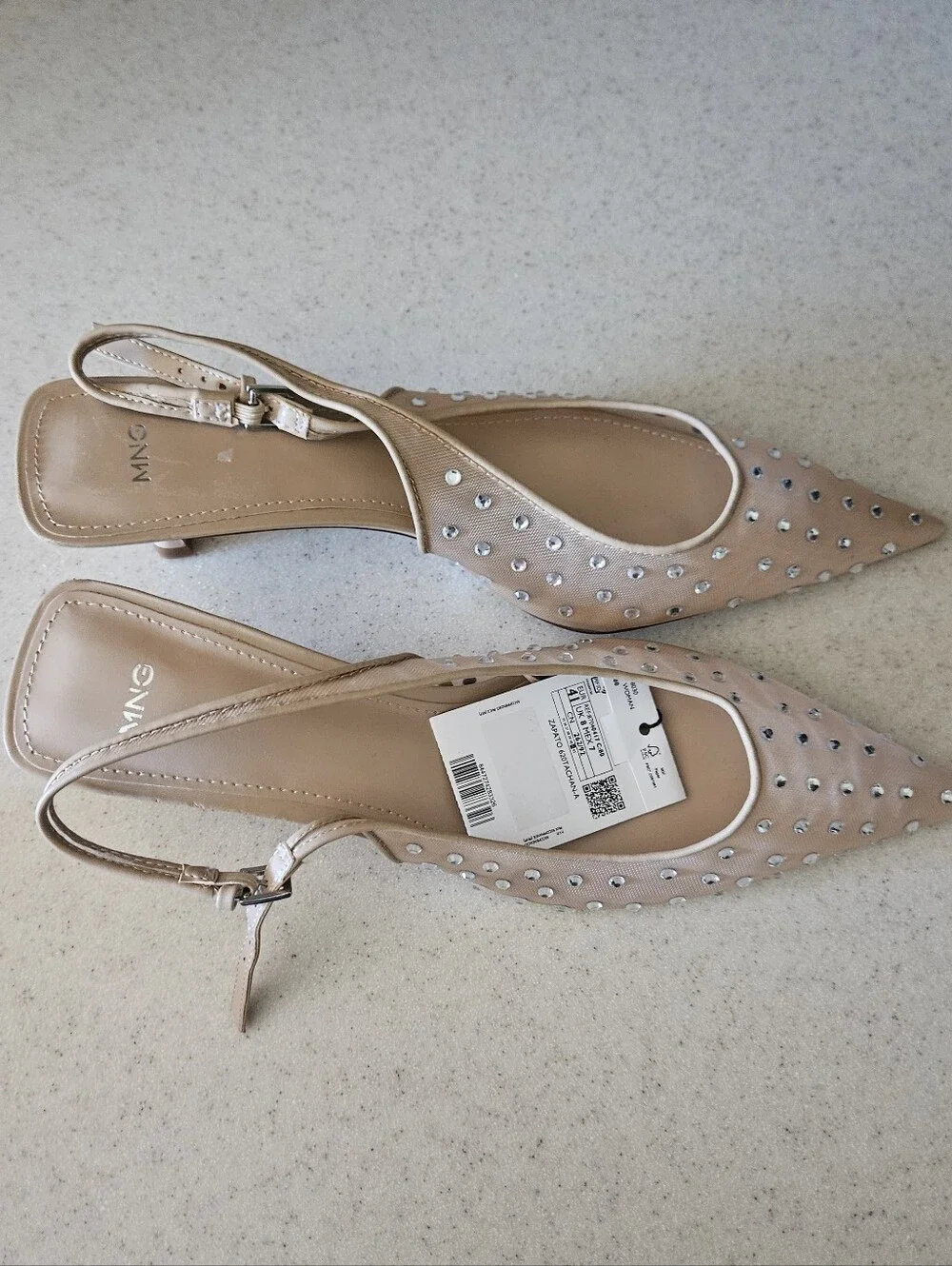 NEW! MANGO MNG Women's Nude Mesh Crystal Stud Kitten Heel Slingback 10.